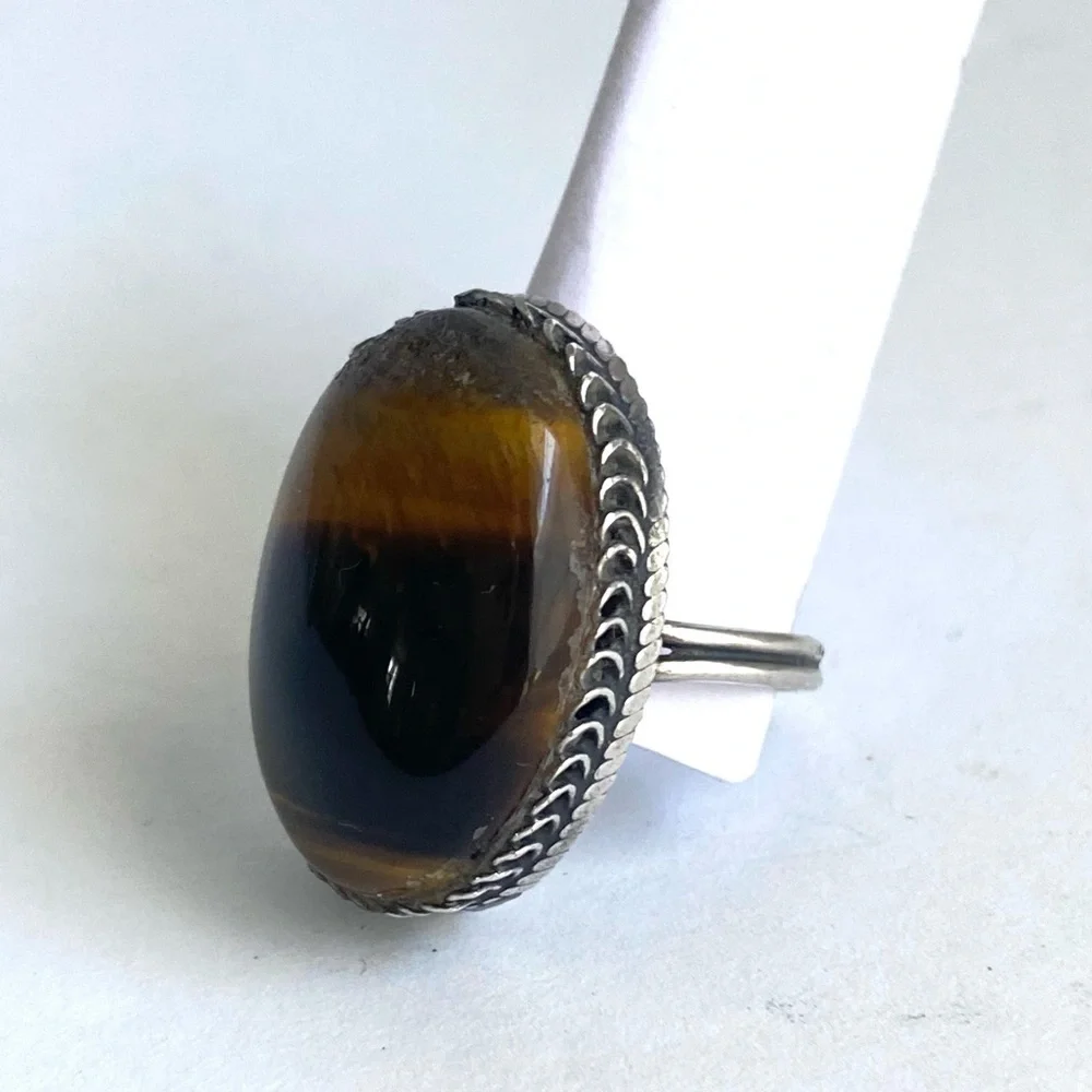 Vintage Tigers Eye Sterling Silver Ring Cocktail Oval‎ Cabachon Stone Size 6 - Picture 4 of 13